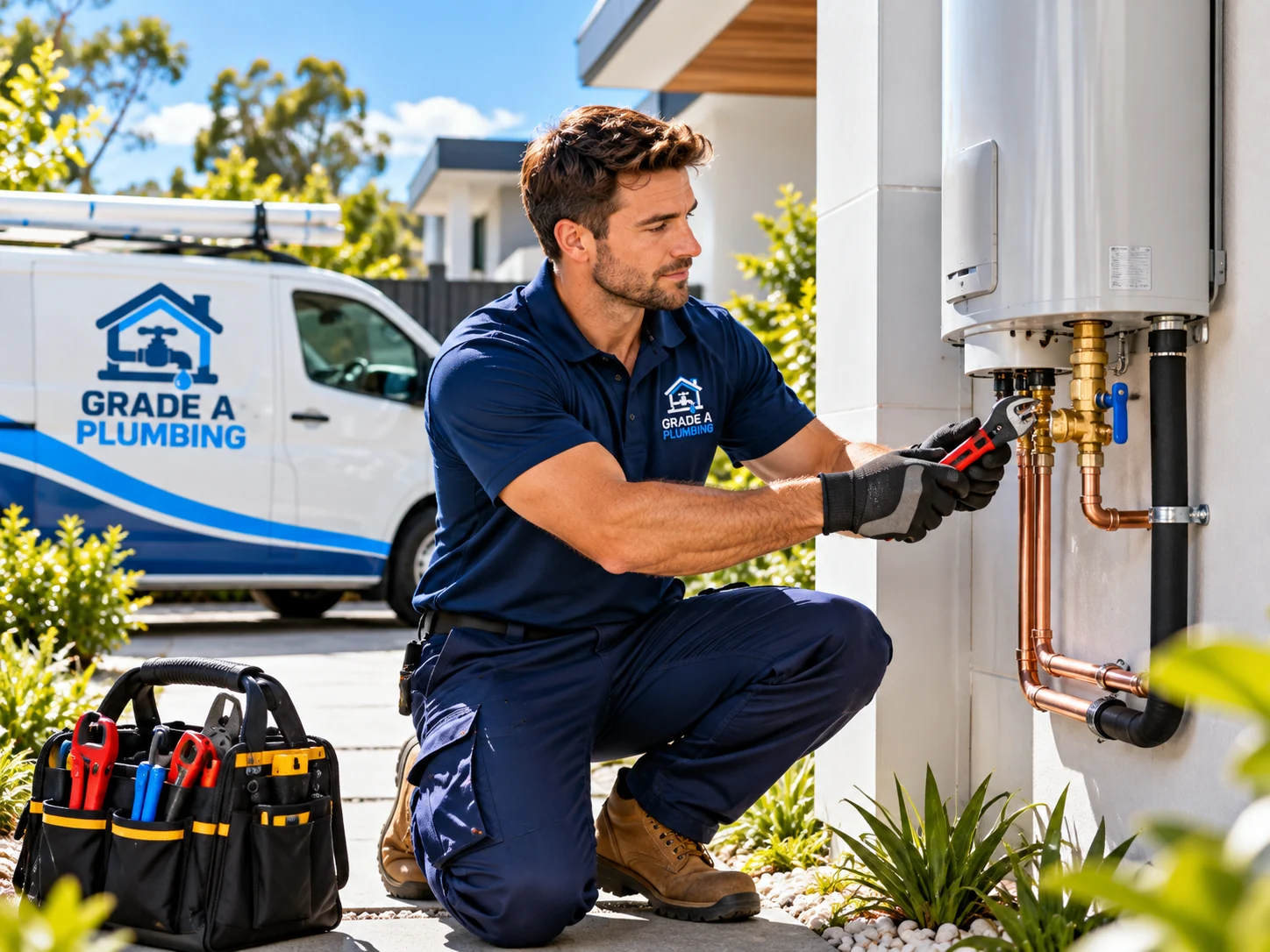 Illustrative plumber working beside a hot-water system; not a verified Grade A Plumbing staff photo